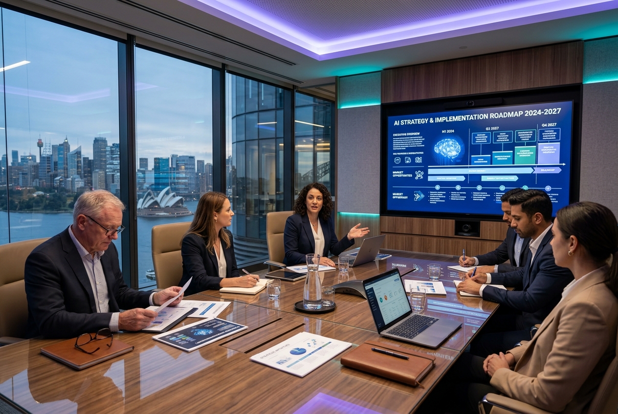 Business leaders reviewing AI strategy roadmap and adoption plans in a modern corporate boardroom