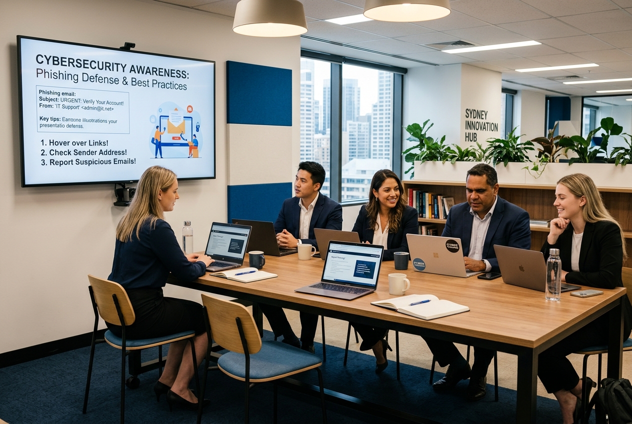 Diverse team of employees participating in a cybersecurity awareness training session in a modern office environment
