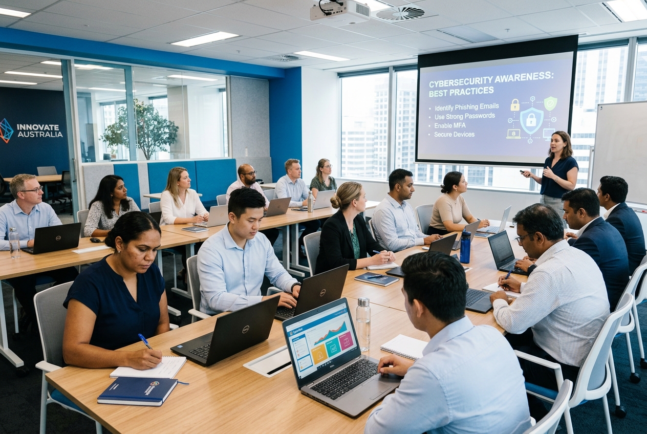 Employees engaged in a cybersecurity awareness workshop viewing training content on laptops and a presentation screen