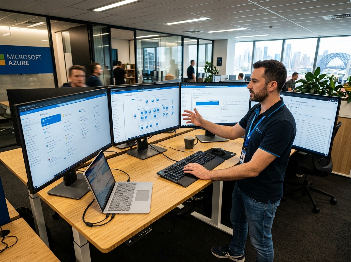IT engineer reviewing Azure portal dashboards and infrastructure diagrams