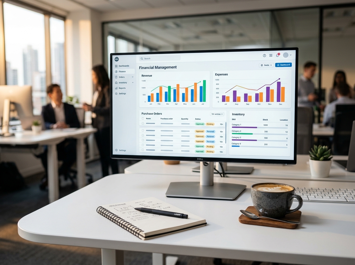 A monitor showing a modern ERP financial management interface with colourful charts and purchase order lists
