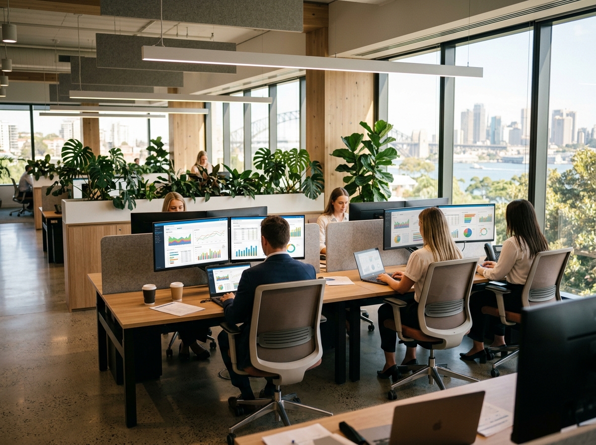 Finance team in a modern Australian office reviewing ERP dashboards on large monitors
