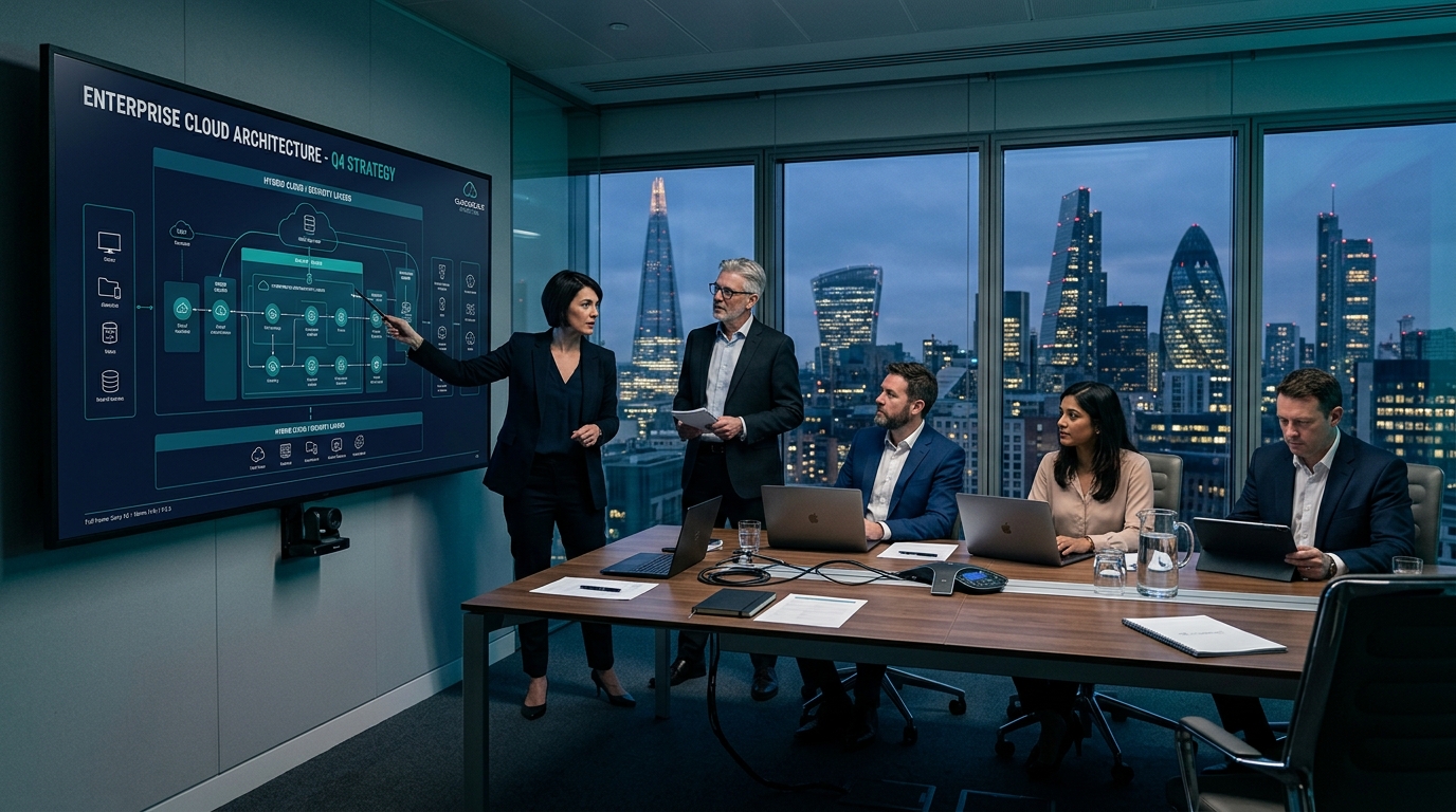 Senior cloud consulting strategists reviewing Azure architecture in a modern enterprise boardroom