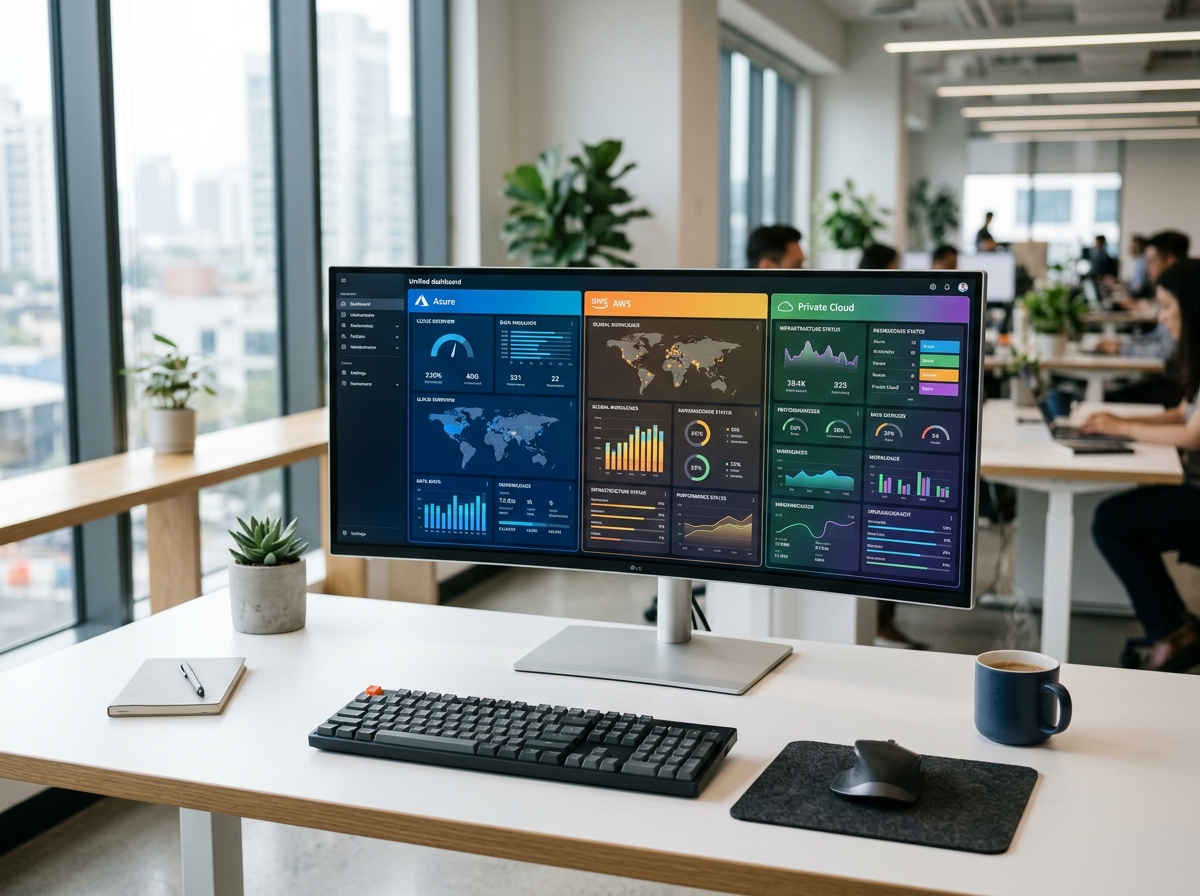 Multi-platform cloud management interface showing Azure, AWS and private cloud workloads on multiple screens