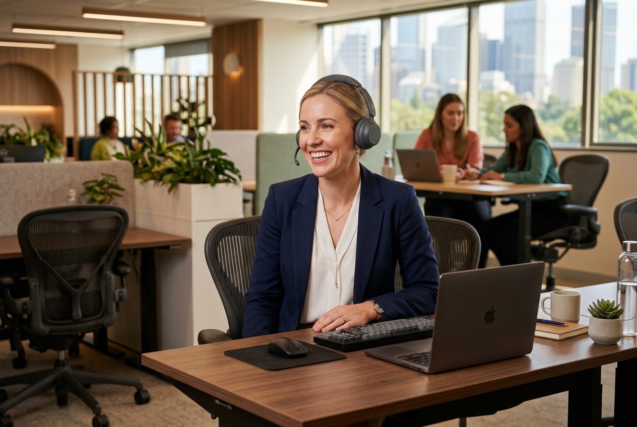 Professional in a modern Australian office on a wireless headset, representing cloud-based business telephony and hybrid workforce communication