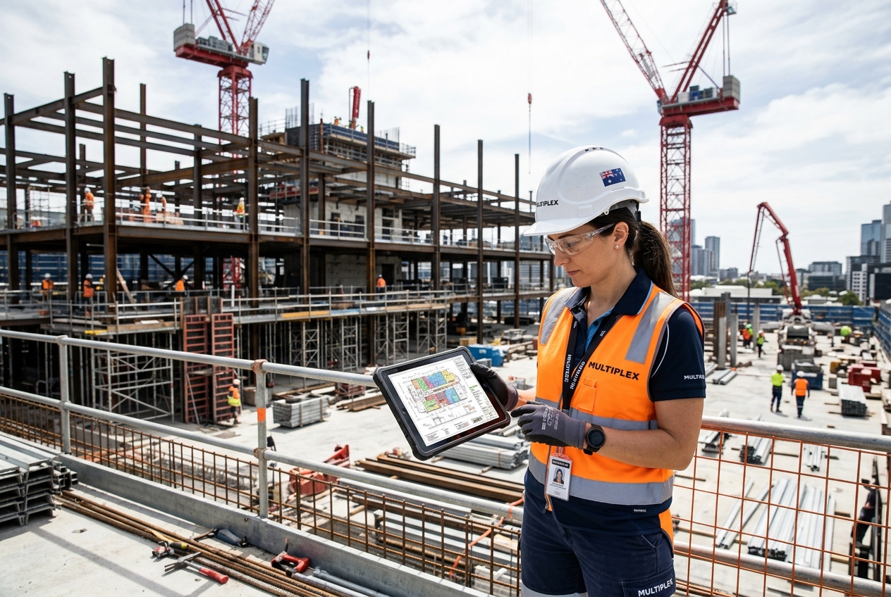 Construction site project manager in a hard hat reviewing digital plans on a tablet at a modern commercial building site