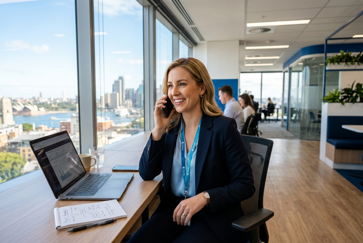 ParagonIT technology consultant speaking with a client at a modern Australian office with city skyline views