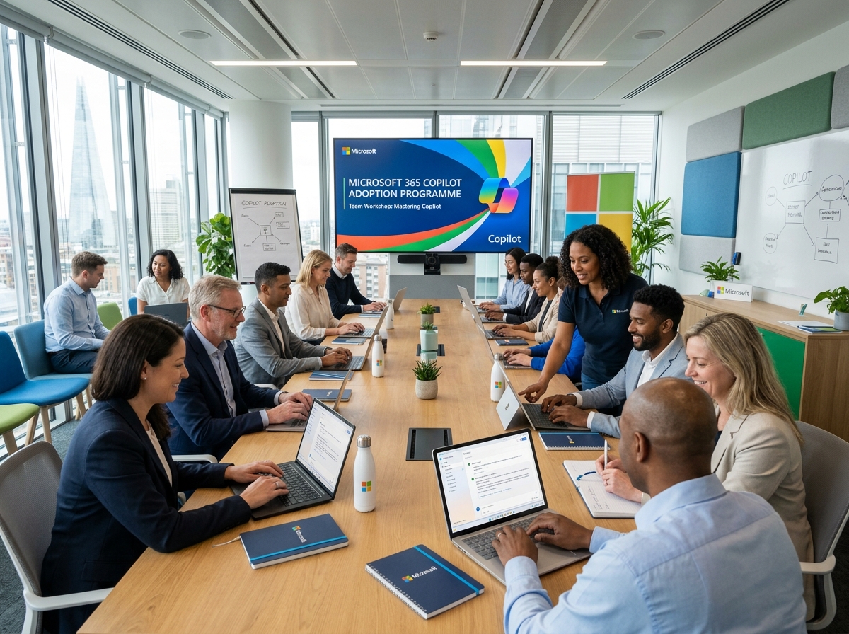 Business professionals in a training room practising with Microsoft 365 Copilot on laptops