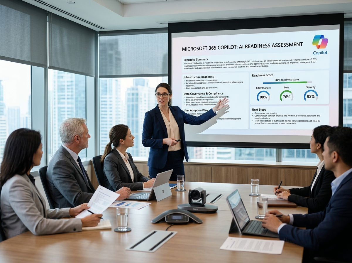 IT professional presenting Microsoft 365 Copilot deployment plan to executives in a modern conference room