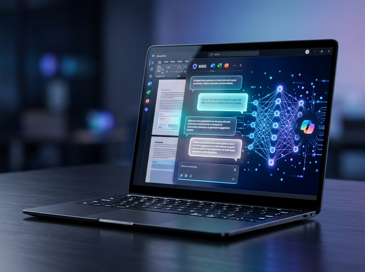 Microsoft 365 Copilot AI interface on a laptop with glowing AI network pattern