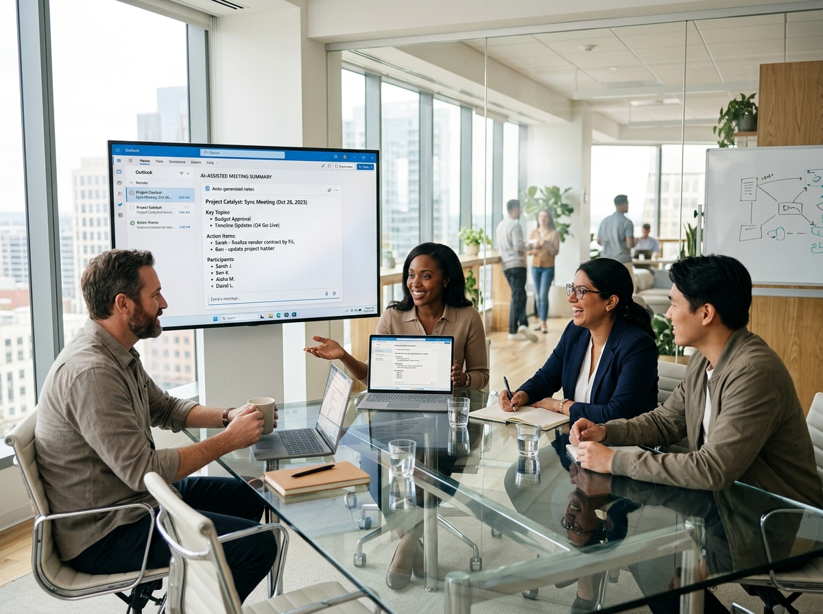 Team using Microsoft 365 Copilot AI to review auto-generated meeting summaries on a screen