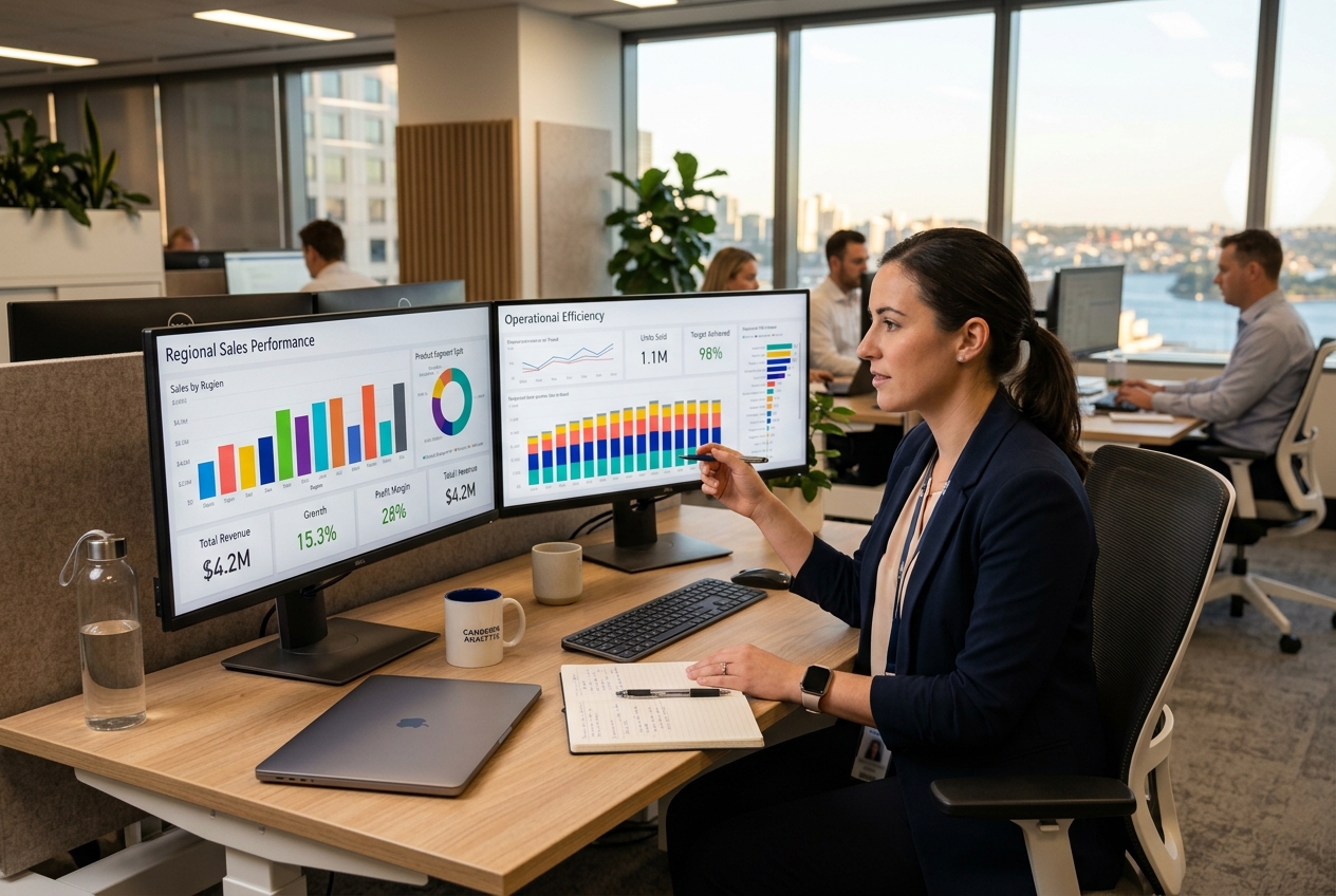 Business analyst reviewing Power BI dashboards with KPI tiles and charts on dual monitors in a corporate office