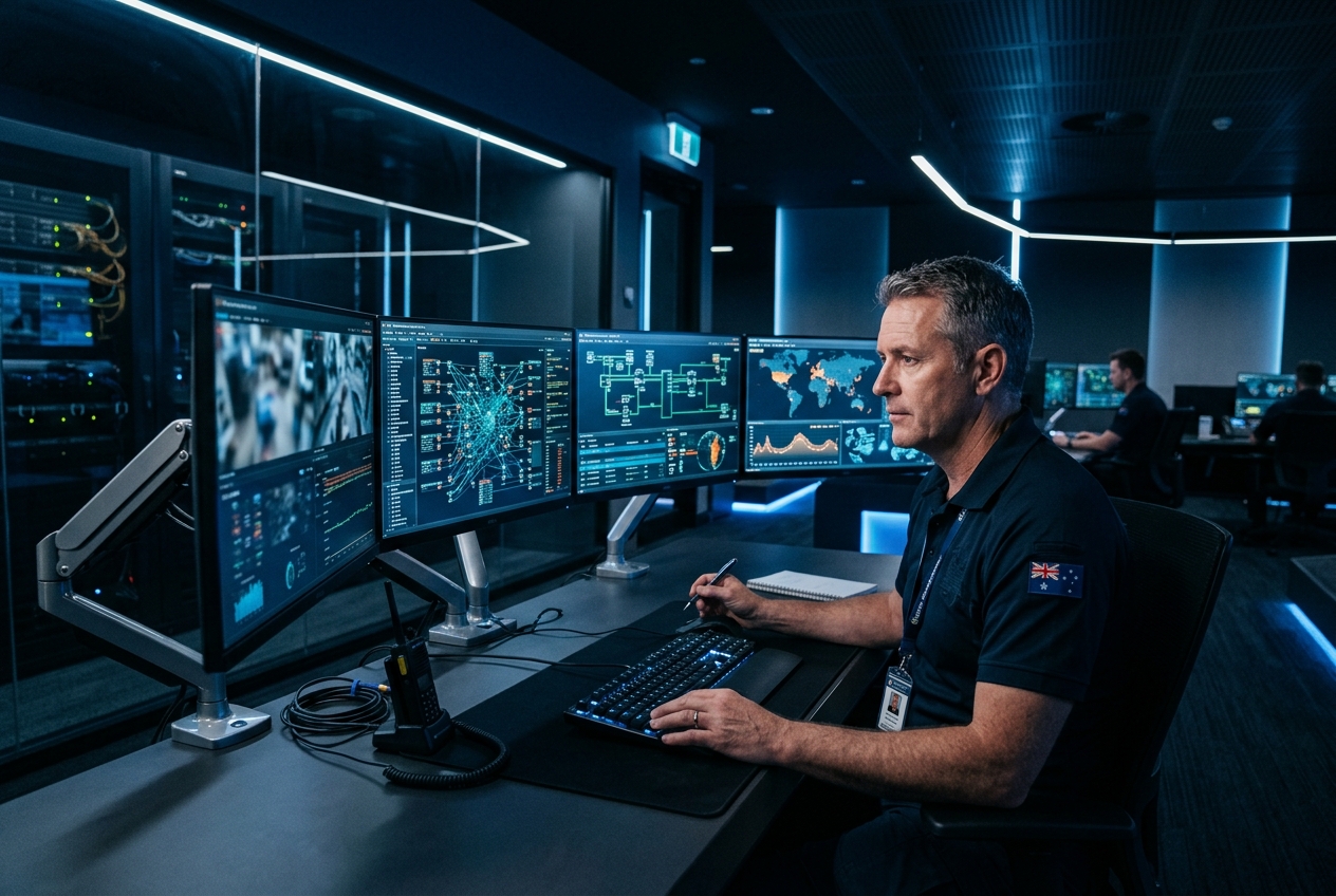 Defence contractor professional reviewing secure digital infrastructure on multiple high-resolution monitors in a modern operations facility
