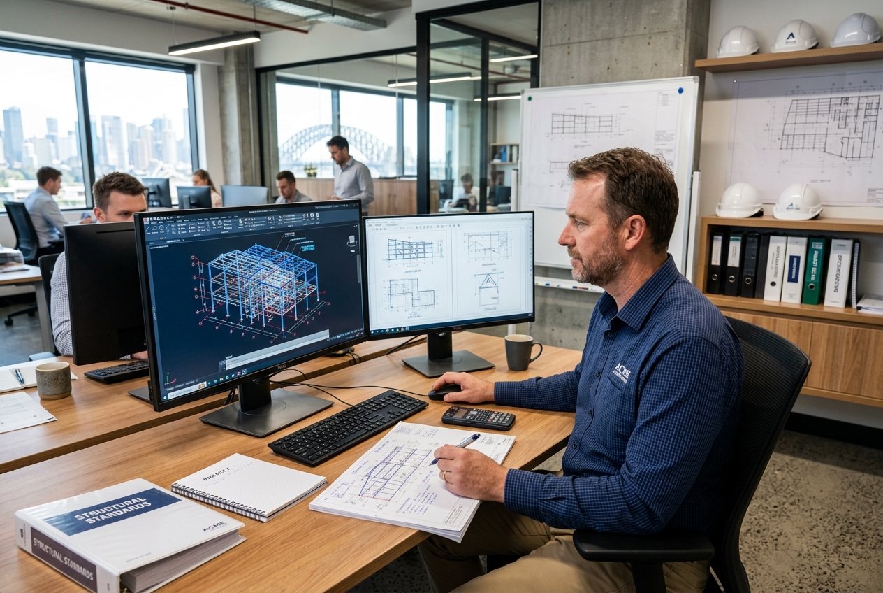 Engineering professional reviewing structural CAD plans on a large desktop monitor in a modern engineering office