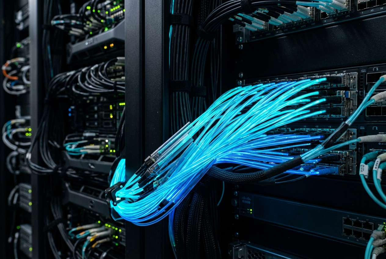 High-speed fibre optic cables with glowing light pulses representing premium business connectivity infrastructure