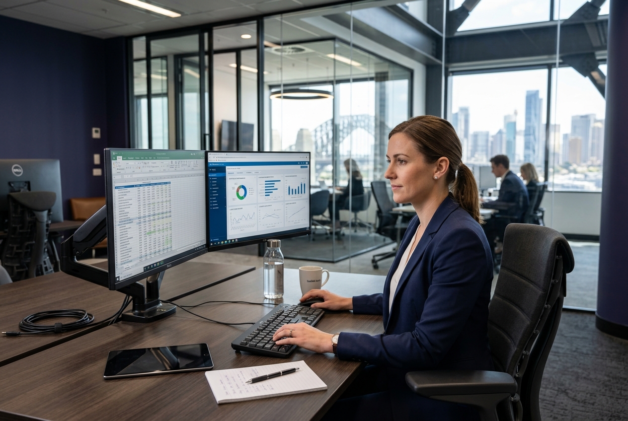 Australian financial services professional reviewing compliance and financial data at a premium office workstation with dual monitors