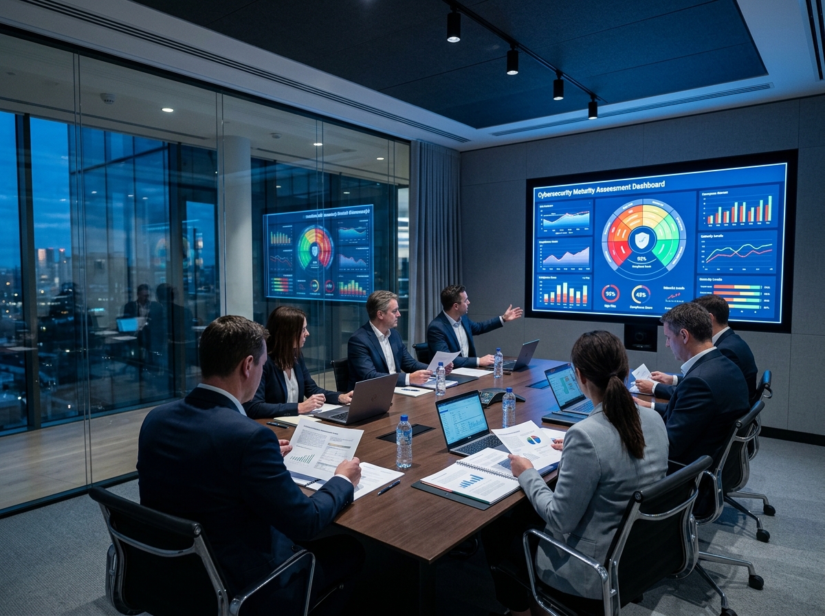 Executives in a boardroom reviewing cybersecurity governance compliance reports on a large screen
