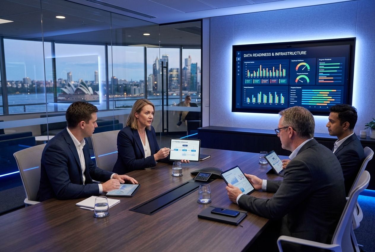 Business executives reviewing AI readiness strategy and data dashboards in a modern corporate boardroom