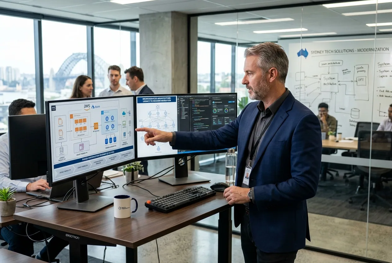 Senior software architect reviewing cloud-native application architecture and modernisation roadmap for Australian enterprise