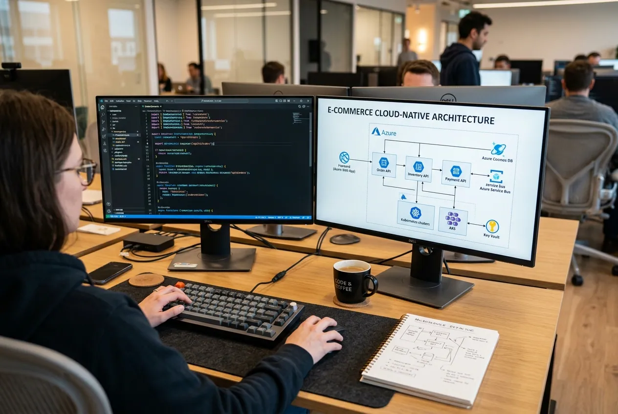 Developer workstation showing cloud-native application code and microservices architecture diagram for application modernisation