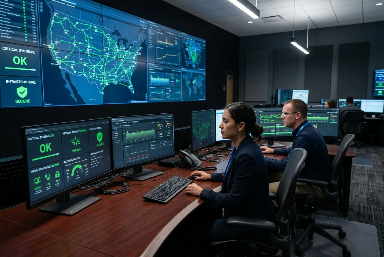 Engineers monitoring critical infrastructure systems in a modern Australian operations centre with real-time network dashboards