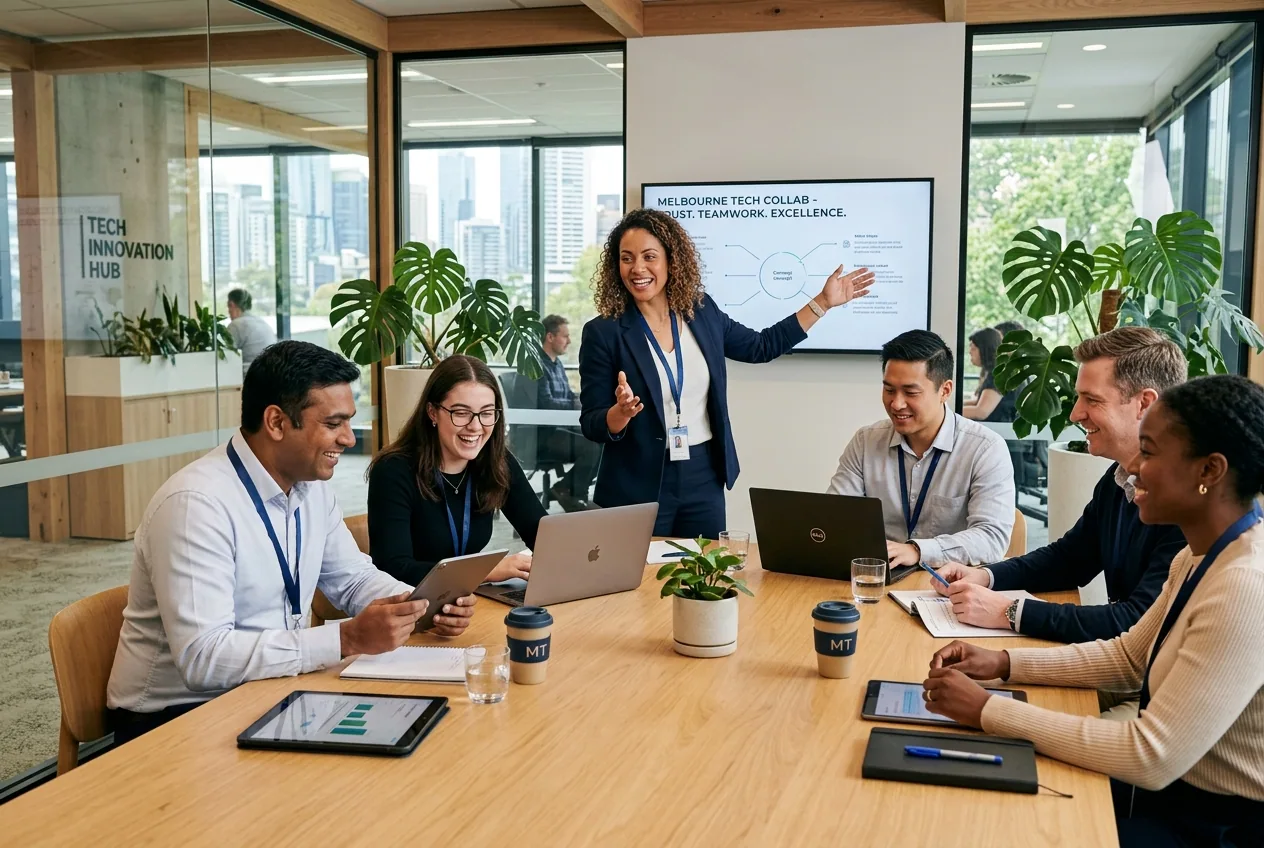 ParagonIT team collaborating in a bright modern Melbourne office, embodying the company values of integrity, excellence and client-first thinking