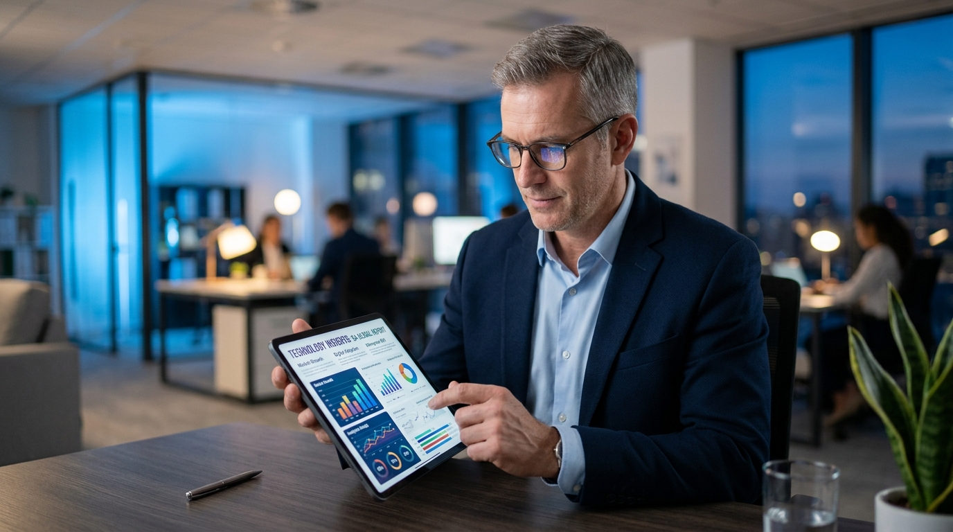 Business leader reviewing technology insights report on a tablet in a modern enterprise office