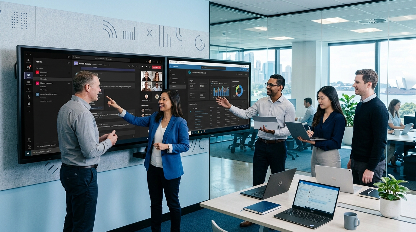 Professional team using Microsoft 365 in a modern Australian corporate office