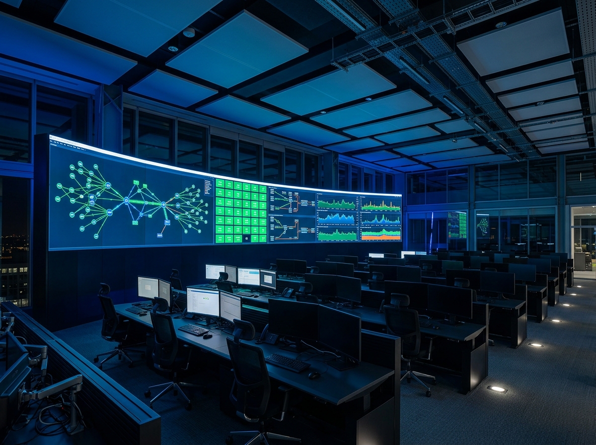 Network operations centre showing live topology and uptime dashboards on a curved monitor wall