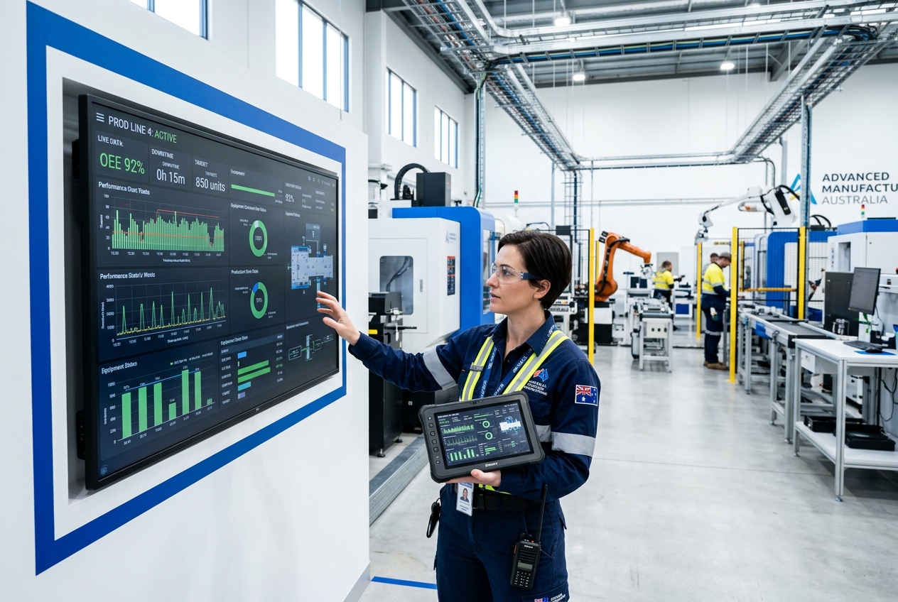 Manufacturing floor manager reviewing production dashboards on a tablet with smart industrial systems visible in the background