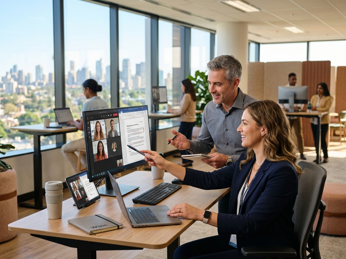 Modern hybrid office — two professionals collaborating at a desk with Microsoft 365 on screen