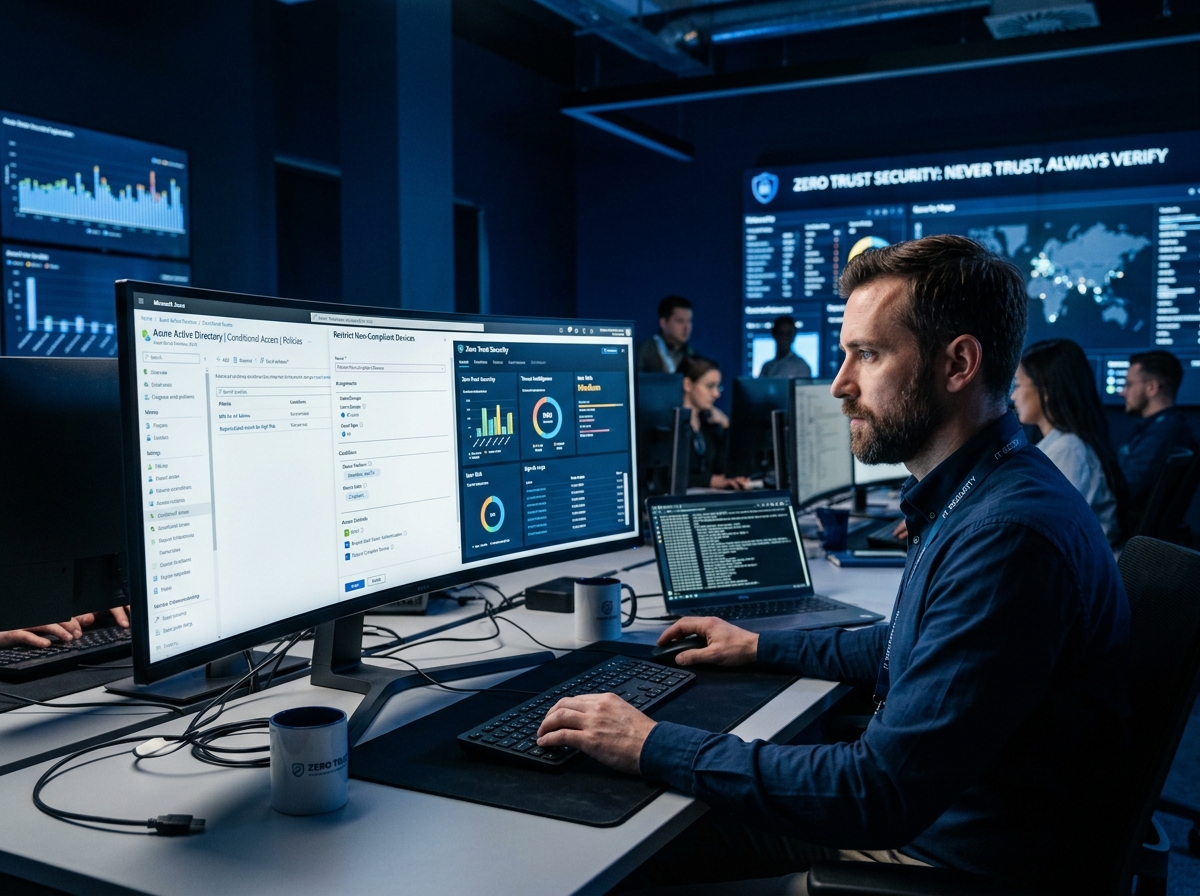 IT security professional reviewing Azure Active Directory conditional access and zero trust policies