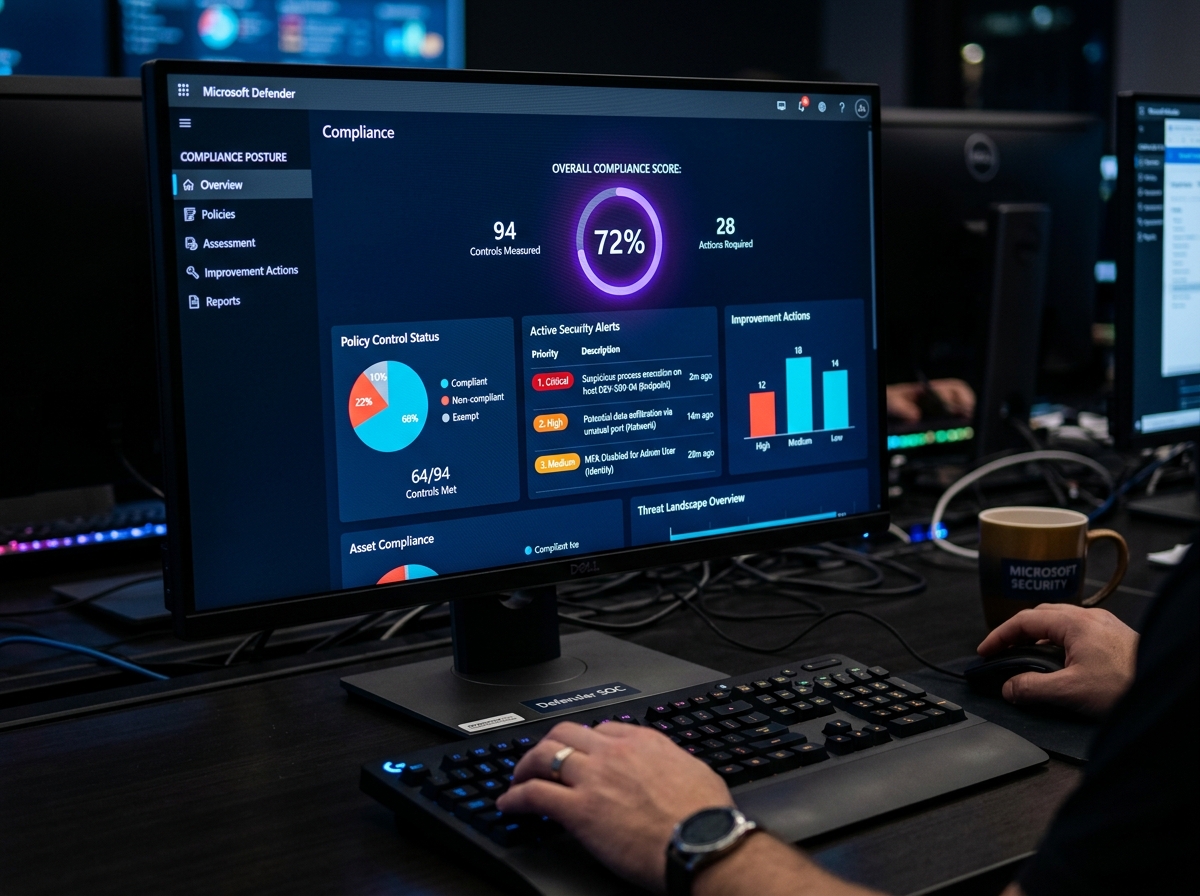 Microsoft Defender compliance dashboard showing security scores and policy controls