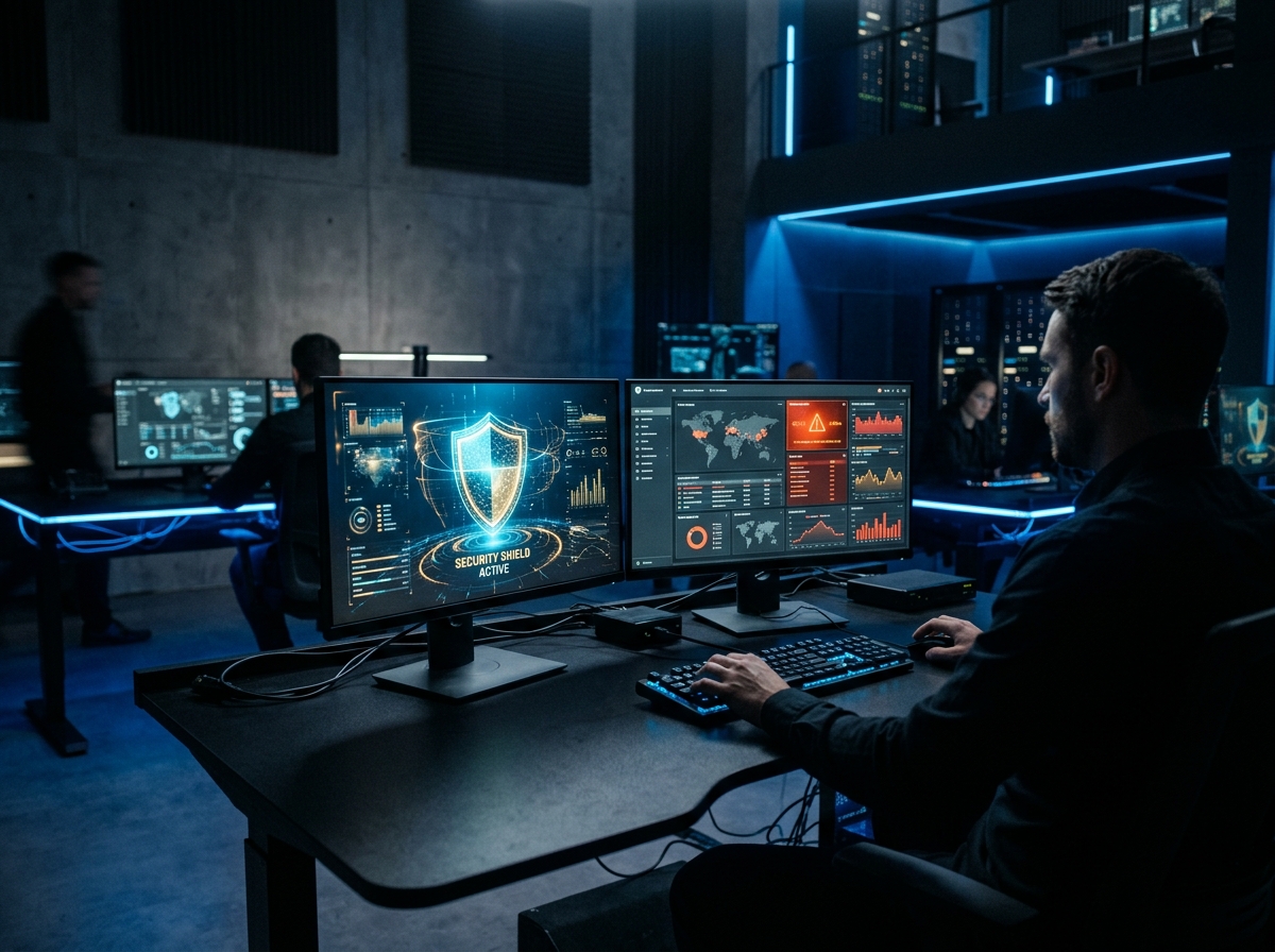 Security operations centre monitors showing threat detection dashboard and alert analytics