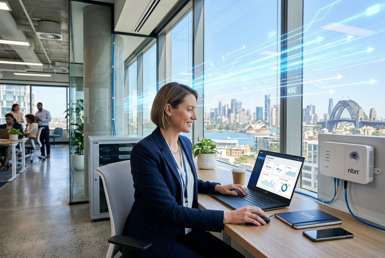 Professional reviewing network performance and business connectivity on a laptop in a modern Australian corporate office