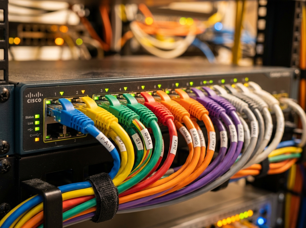 Organised ethernet patch cables plugged into a professional network switch in a clean server environment