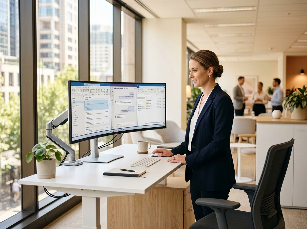 Professional using Microsoft 365 apps on a wide monitor in a modern Australian office