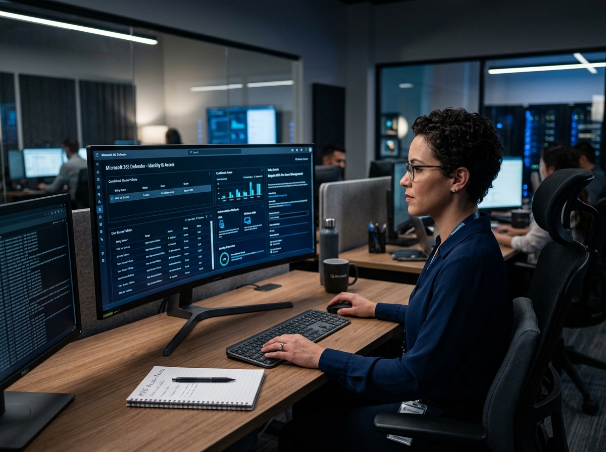 IT administrator reviewing Microsoft 365 conditional access policies and identity settings