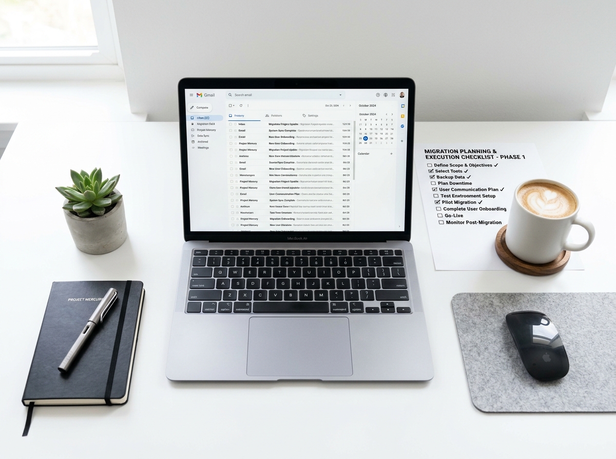 Organised email migration workspace with laptop inbox and calendar planning checklist on desk