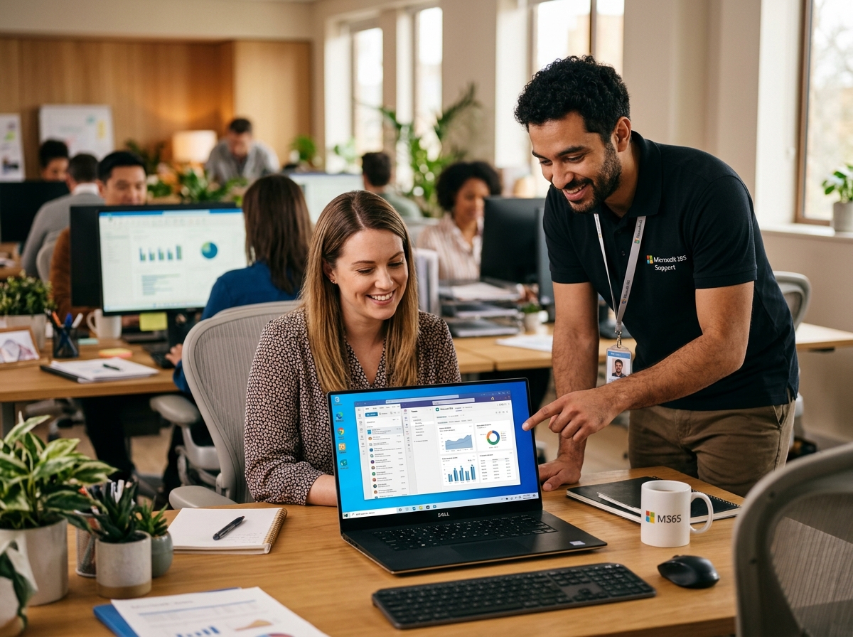 IT support engineer assisting a business user with Microsoft 365 apps at their desk