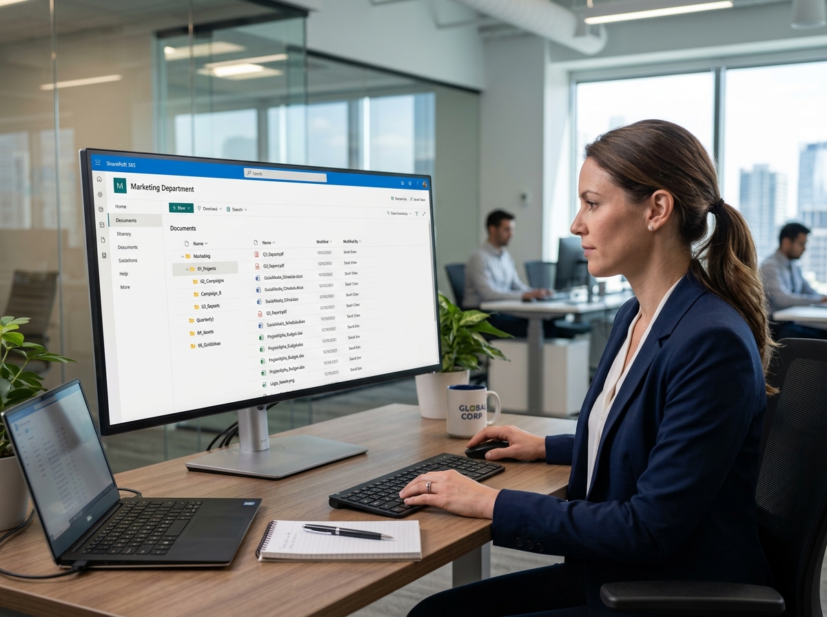 Professional reviewing organised SharePoint Online document library on a wide monitor