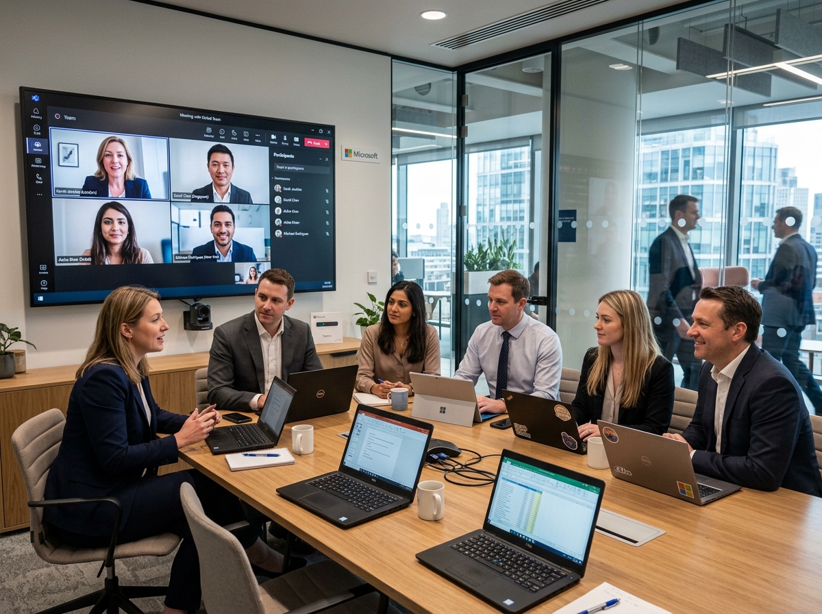Business team in a meeting room with Microsoft Teams video call on a wall screen