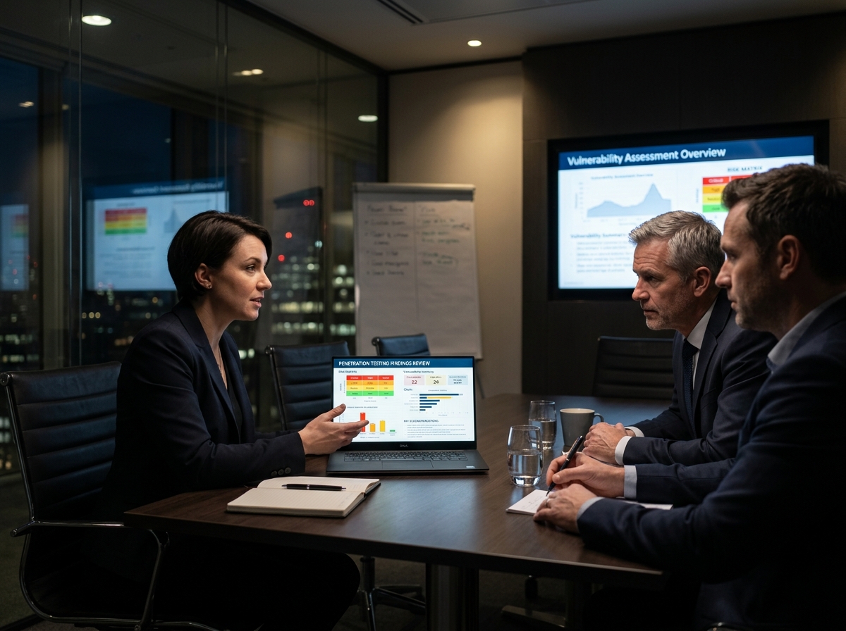 Cybersecurity consultant presenting penetration test findings and risk report to a client