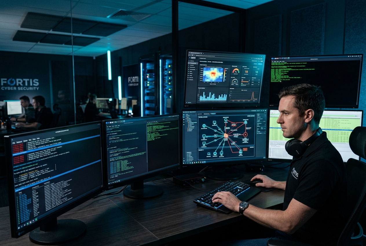 Cybersecurity professional conducting penetration testing on multiple screens showing network maps and vulnerability assessment dashboards
