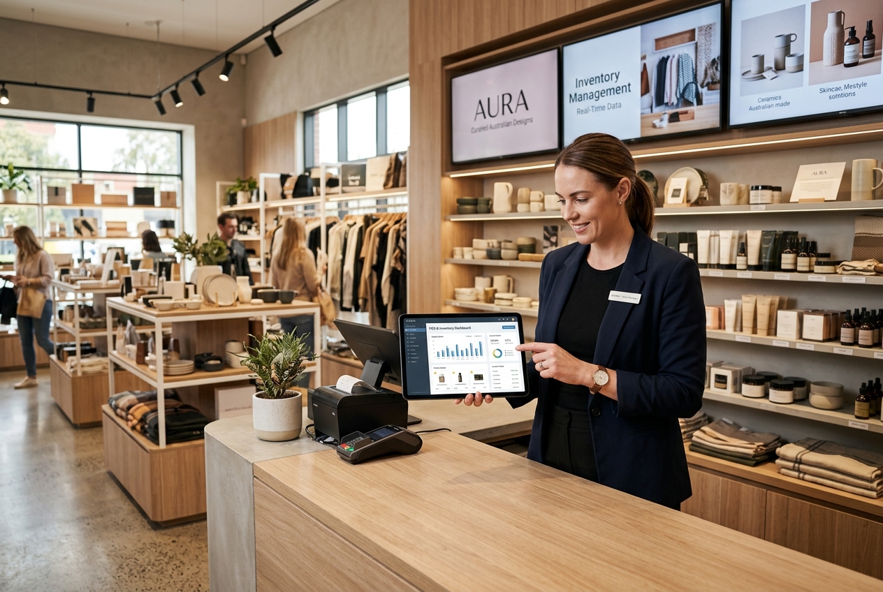 Retail store manager using a tablet to review POS and inventory systems at a modern retail counter