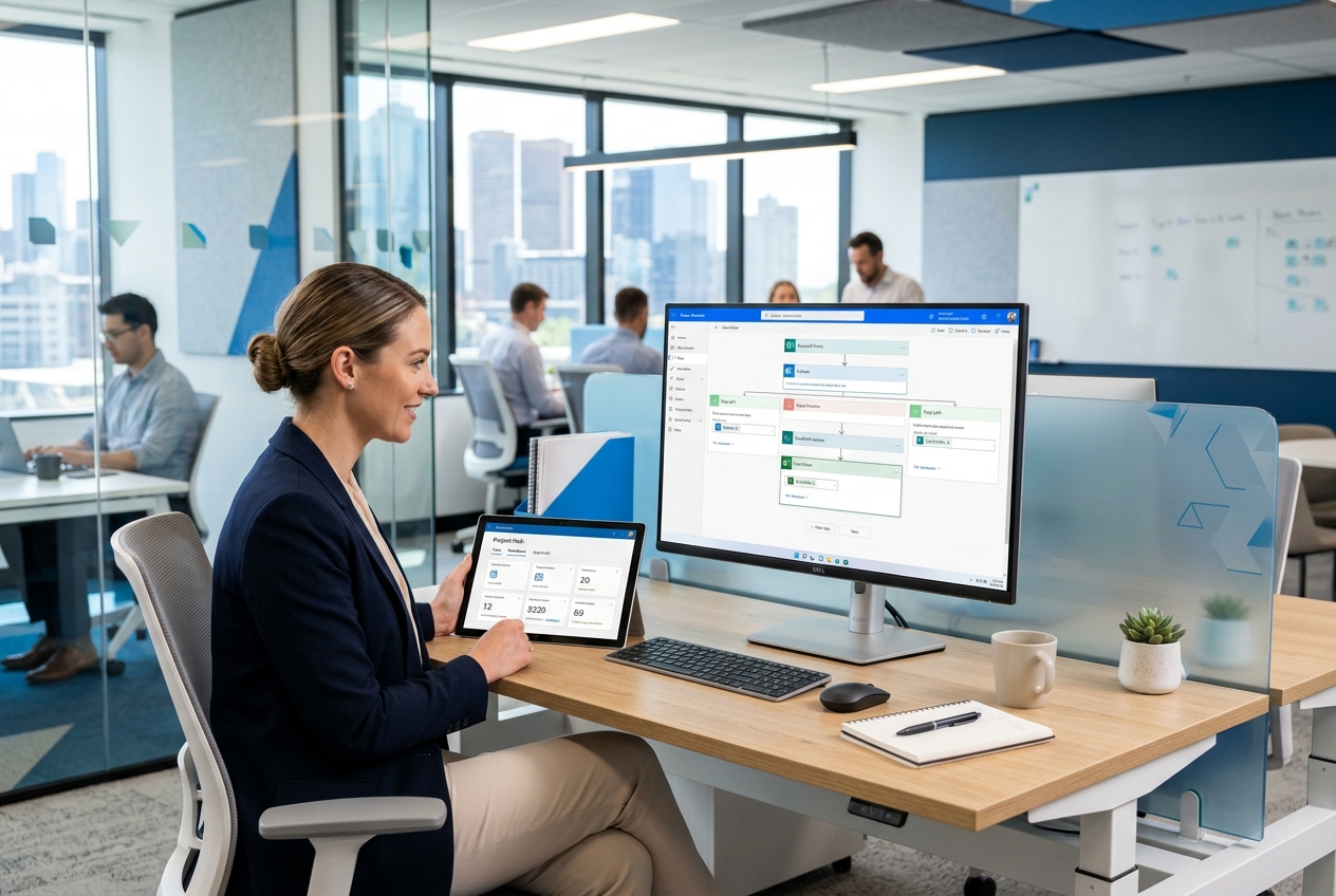 Professional reviewing digital workflow automation dashboards and Power Automate flow in a modern office environment