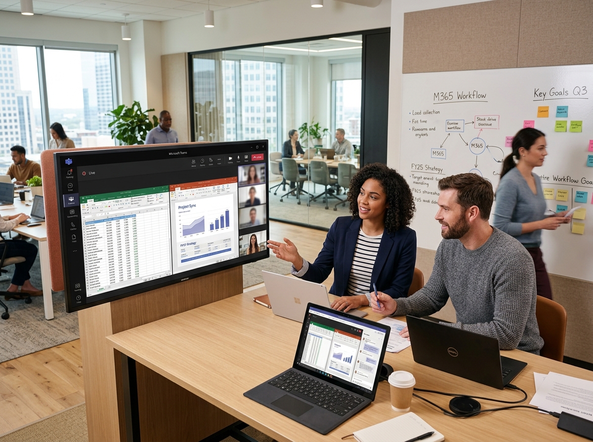 Two colleagues reviewing Microsoft 365 shared documents on a screen in a modern open-plan office
