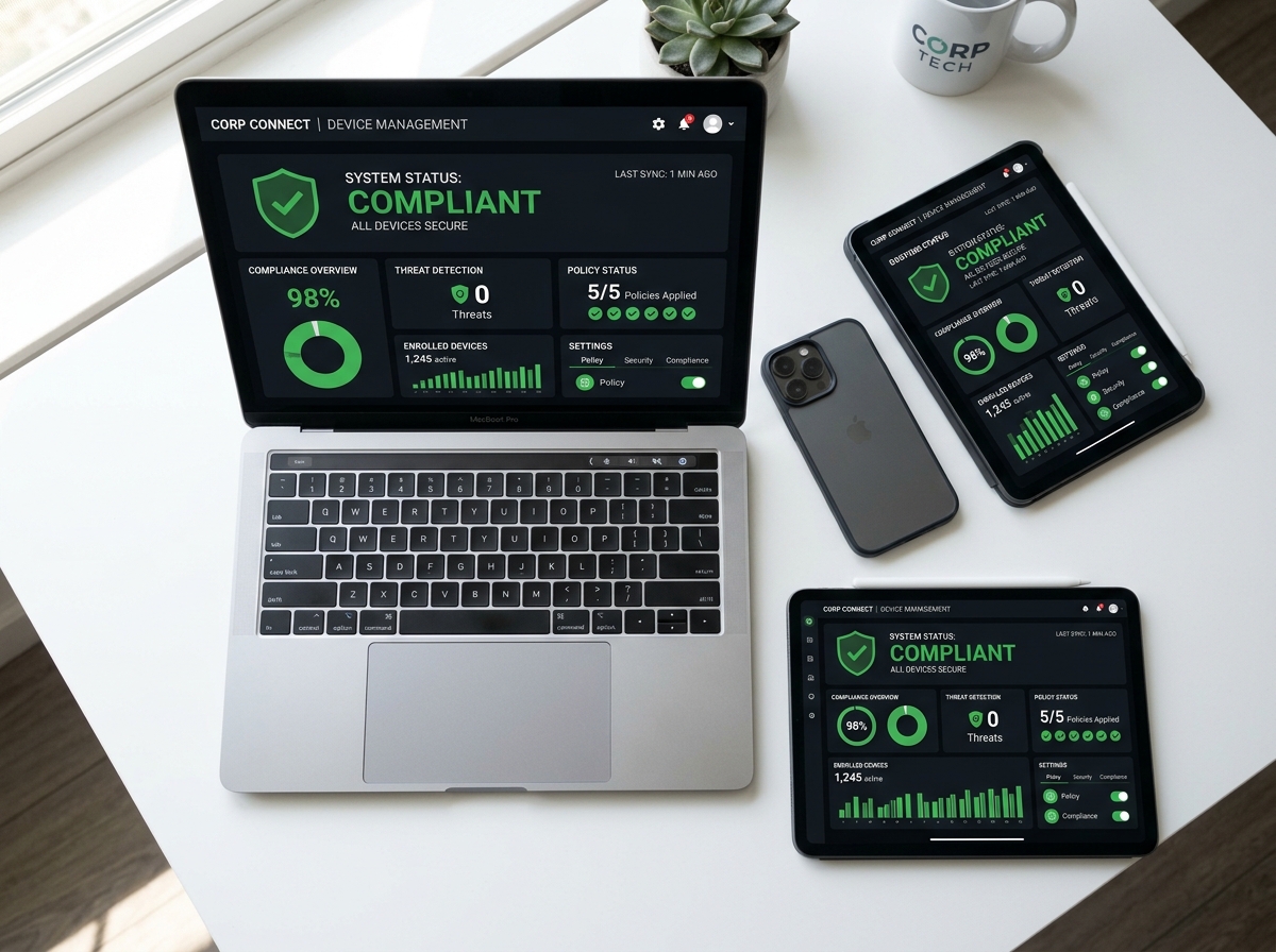Unified endpoint management dashboard showing compliance across laptop, tablet and mobile