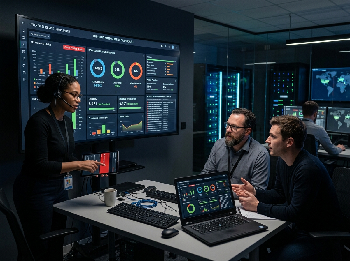 IT operations team reviewing device compliance status on an endpoint management platform dashboard