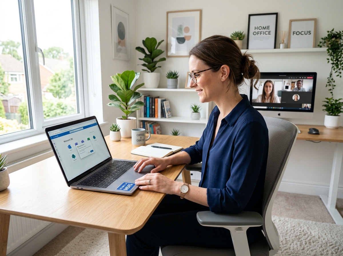 Professional securely accessing Microsoft 365 on a laptop from a modern home office
